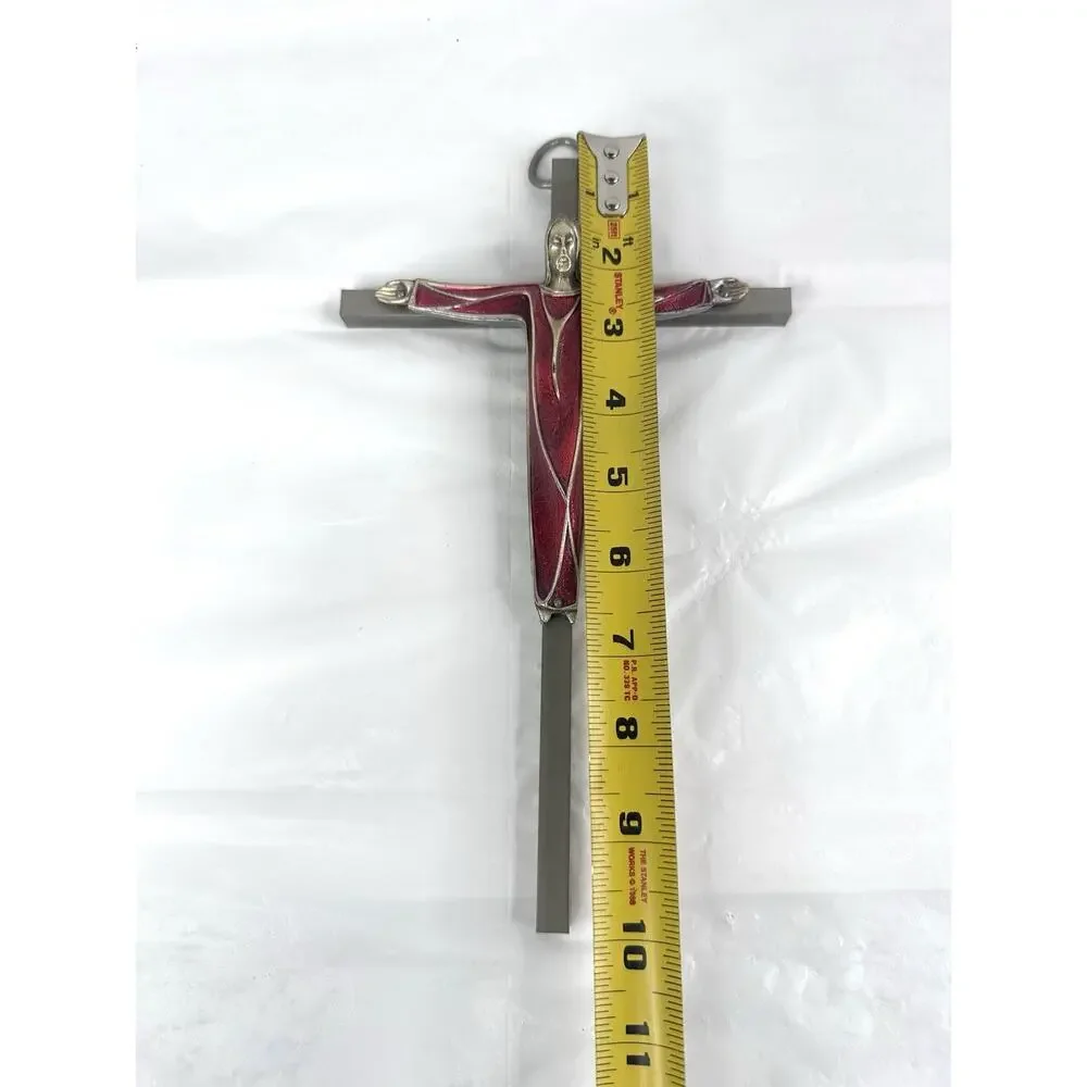 Cross Crucifix Jesus Christ Religious Christian Catholic Red Enamel Silver